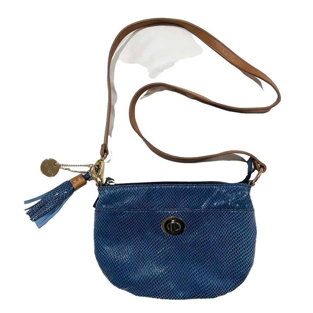 Vintage 80s Faux Snakeskin Tommy Hilfiger Crossbody Bag Blue Gold 9.5 In Tassel